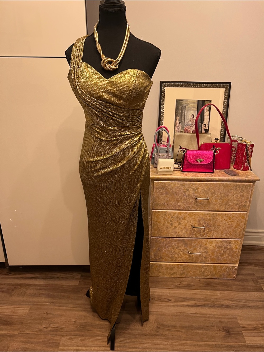 Xscape Metallic Gold One-Shoulder Evening Gown